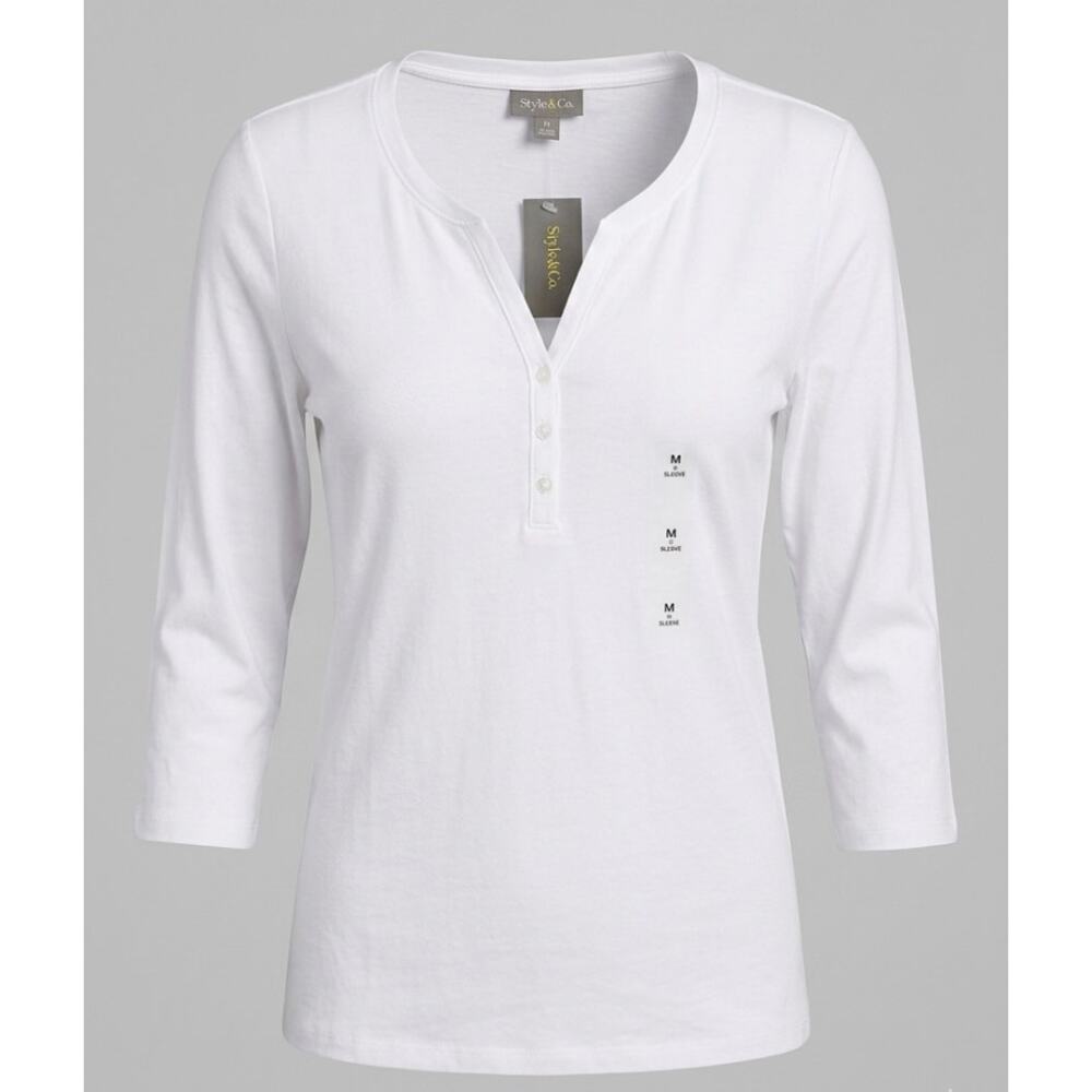 NWT Style&Co. | White Cotton Blend 3/4 Sleeve Henley Top | Size Medium